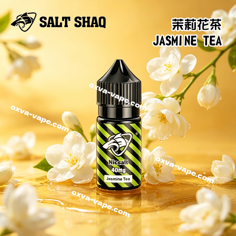 SALT SHAQ鯊克系列30mL茉莉花茶煙油，以4%高純尼古丁鹽為基底，採用福建高山茉莉與烏龍茶原葉萃取，前調飽滿茉莉花香，中調茶韻甘甜，後調清香淡雅。搭配黃金比例VG/PG，霧化均勻順滑，擊喉感柔和，兼容多品牌小煙主機，是茶控解癮首選。