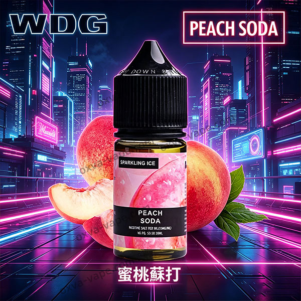 WDG蜜桃蘇打30ml/35mg丁鹽小煙油，採用美國原裝進口原料，前調釋放鮮甜飽滿的水蜜桃香氣，中調迸發清爽蘇打氣泡感，尾調冰爽薄荷勁道十足，三重層次口感豐富，低甜度配方解膩醒神，完美兼容市面主流小煙設備，是夏日品吸的首選口糧。